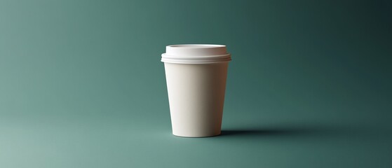 White coffee cup with lid on teal background. Minimalist, studio shot, drink container