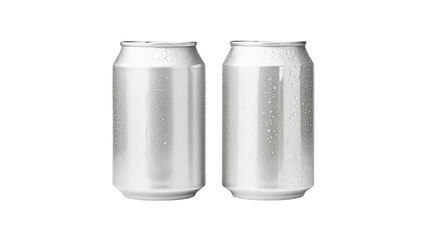 Two aluminum beverage containers with condensation isolated on transparent background	