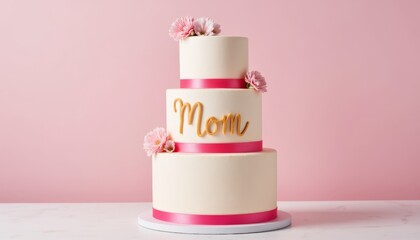 Elegant three-tier birthday cake for Mom with pink flowers
