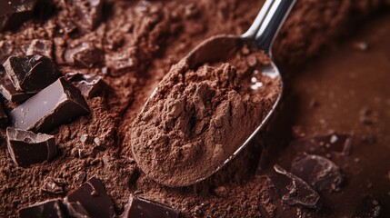 Chocolate Protein Powder Heap with Measuring Spoon