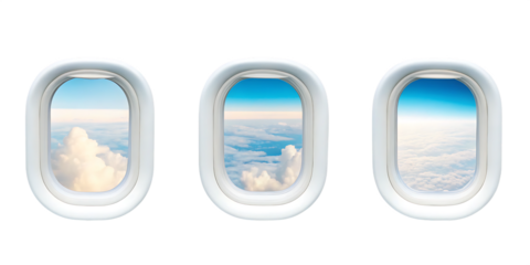 Various airplane window views showcasing clouds and blue skies, perfect for travel and aviation themes. isolated on a transparent background,PNG