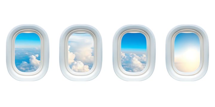 Various airplane window views showcasing clouds and blue skies, perfect for travel and aviation themes. isolated on a transparent background,PNG