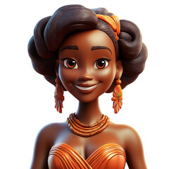 Cheerful young woman with curly hair, wearing a vibrant orange dress, Isolated on transparent background