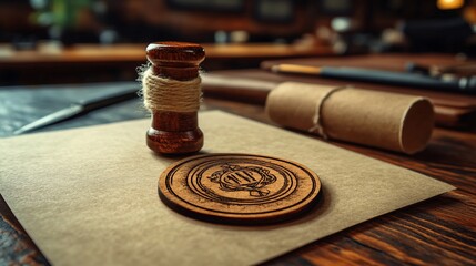 Wooden stamp and seal on parchment. Accessories for old-fashioned sealing