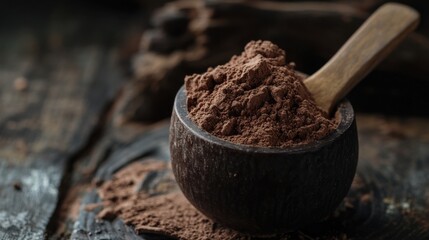 Scoop of Chocolate Protein Powder on Rustic Wooden