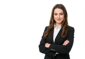 Confident businesswoman with arms crossed smiles on white background