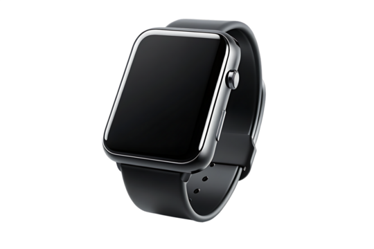 wrist smart watch mockup with black strap, png file of isolated cutout object with shadow on transparent background.PNG