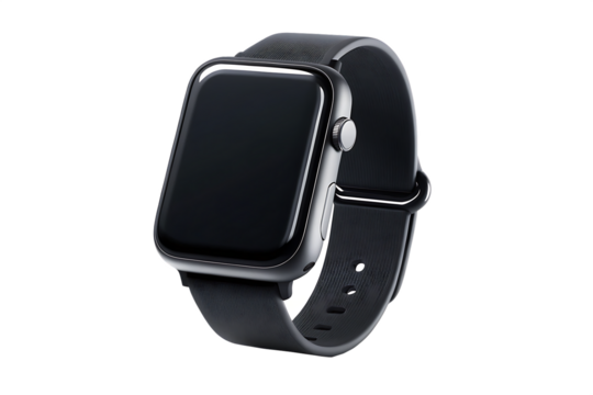 wrist smart watch mockup with black strap, png file of isolated cutout object with shadow on transparent background.PNG