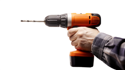 A Hand Holding a Bright Orange Cordless Drill With a Silver Drill Bit Ready to Start a Project on a White or Clear Surface PNG Transparent Background.