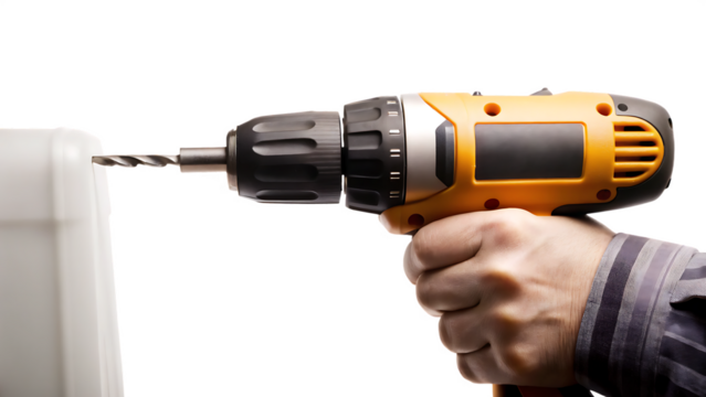 A Hand Holding a Bright Orange Cordless Drill With a Silver Drill Bit Ready to Start a Project on a White or Clear Surface PNG Transparent Background.
