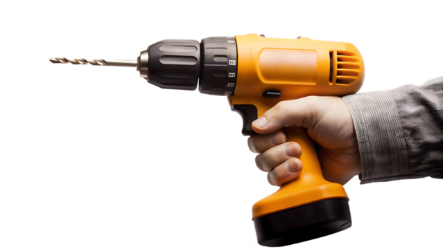 A Hand Holding a Bright Orange Cordless Drill With a Silver Drill Bit Ready to Start a Project on a White or Clear Surface PNG Transparent Background.