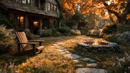 Obraz premium Autumn Evening by the Fire Pit with Cozy Chair and Stone Pathway