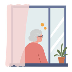 Elderly woman staring out window - thoughtful senior woman gazing through window, her wrinkled face bathed in soft light, atmosphere of nostalgia and quiet reflection.