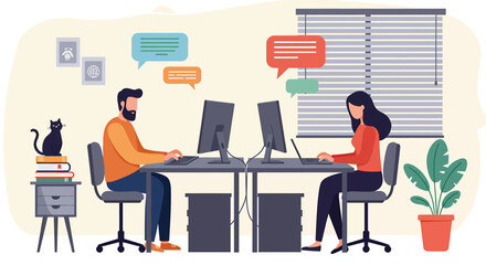 Flat vector illustration of people working remotely from home. Home office setup with computers, plants, and a cat. Freelance and online work concept