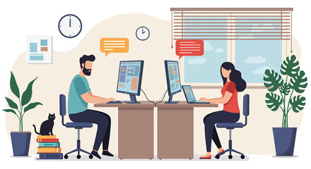Flat vector illustration of people working remotely from home. Home office setup with computers, plants, and a cat. Freelance and online work concept