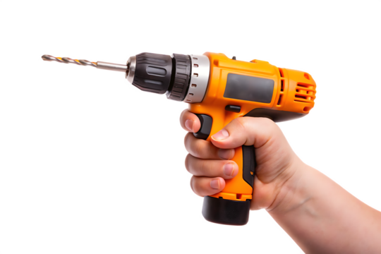 A Hand Holding a Bright Orange Cordless Drill With a Silver Drill Bit Ready to Start a Project on a White or Clear Surface PNG Transparent Background.