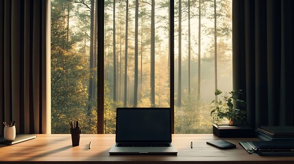 Fototapeta premium Peaceful morning view from a home office desk.