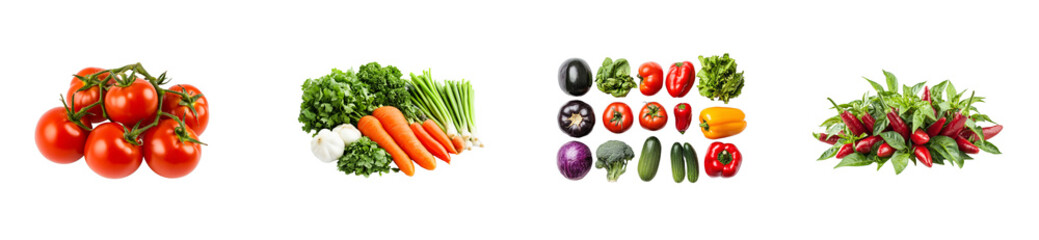 Fresh seasonal produce assortment. Tomatoes, greens, peppers cut out transparent