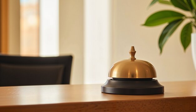 Golden hotel reception bell on wooden desk with a blurred background featuring potted plants, signaling warm hospitality concept of hotel reception check-in