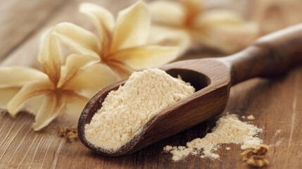 Vanilla Protein Powder in Scoop on Wooden Table