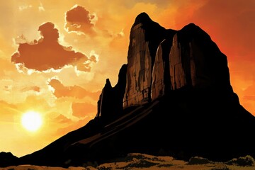 Dramatic silhouette of a towering rock formation against a fiery sunset.  Clouds gather around the sun