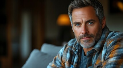 Obraz premium Thoughtful Mature Man in Plaid Shirt A CloseUp Portrait with Warm Lighting and Cozy Atmospher