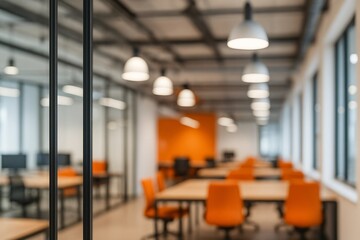 Modern office space with orange chairs blurred background