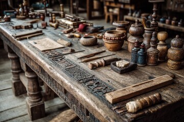 Fototapeta premium Old workbench with tools, paint bottles, and wood carving designs showcases artisan craftsmanship and antique workshop atmosphere