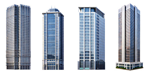 Collection of tall office building realistic image on white or transparent background,PNG
