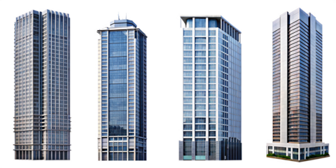 Collection of tall office building realistic image on white or transparent background,PNG