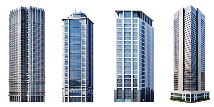 Collection of tall office building realistic image on white or transparent background,PNG