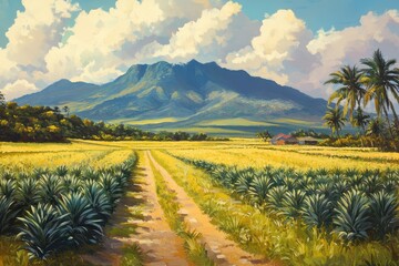 Pineapple Hawaii. Landscape of Pineapple Farm with Mountain View