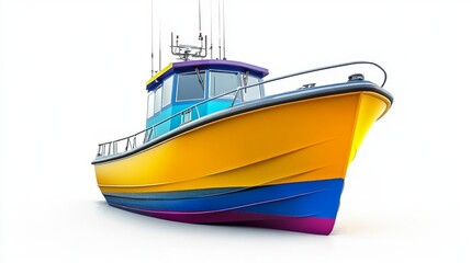Naklejka premium On a plain and isolated background, a vibrant fishing boat is equipped with a net