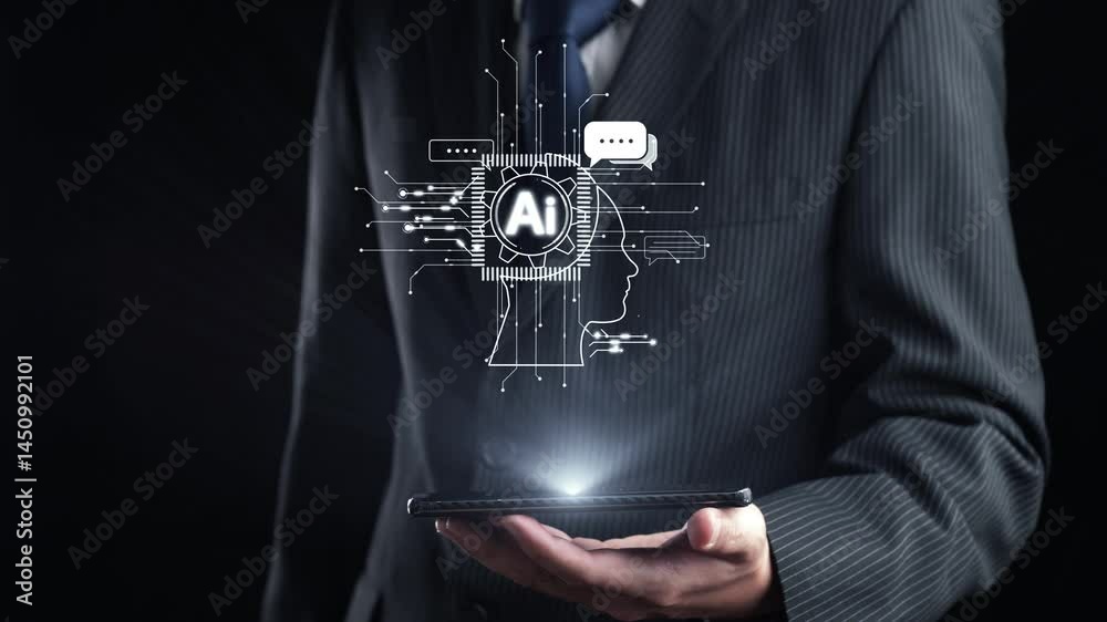 Poster human interact with ai artificial intelligence brain processor in concept of ai artificial intellige