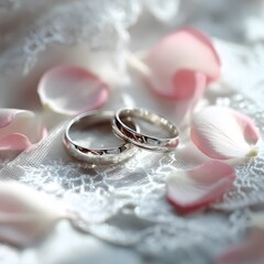 Romantic Wedding Rings on Lace Fabric With Delicate Petals