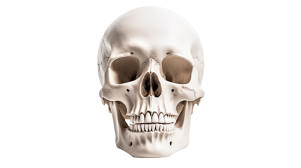Anatomical model of a human skull with teeth in a front facing view isolated on transparent background	