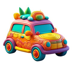 Colorful Cartoon Car with Playful Design and Tropical Details, isolated on transparent background