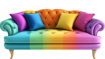 Upholstery that is vibrant, paired with cushions in a variety of colors, set against a white background