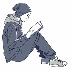 Young Woman In Casual Wear Reading Book Sitting On Floor Isolated