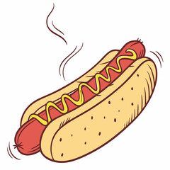 Vector Illustration Of A Hot Dog With Mustard And Rising Steam