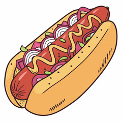 Delicious Hot Dog Illustration With Mustard And Red Onions Toppings