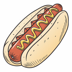 Hand Drawn Hot Dog With Mustard Illustration Style On A White Background