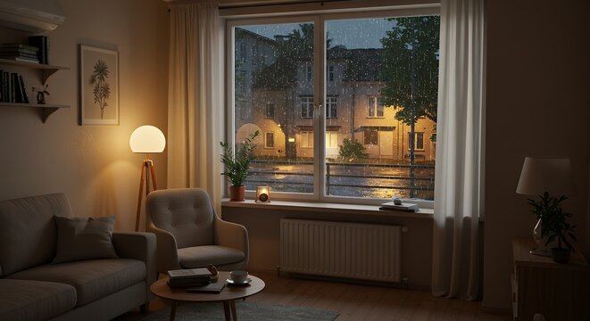 Fototapeta Rainy night view from living room window