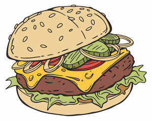 Cartoon Hamburger Illustration With Cheese Pickles Onions Tomato And Lettuce