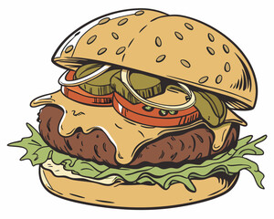 Vector Illustration Of A Delicious Burger With Lettuce Tomato And Pickles