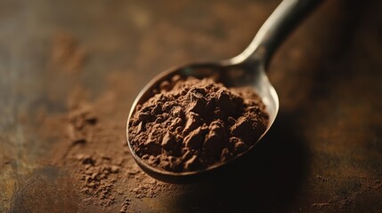 Chocolate Protein Powder in a Measuring Spoon on a Table