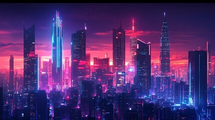 Fototapeta premium A vibrant cityscape illuminated by neon lights at dusk.