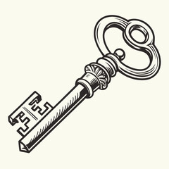 Vintage Key Detailed Line Art Vector Illustration Security Solution Access Tool