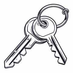 Monochrome Illustration Featuring Two Keys On A Ring In Bold Outline Style