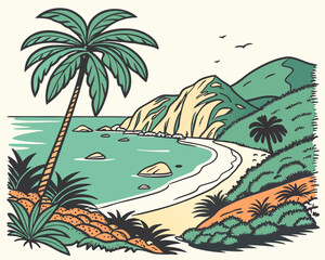 Tropical Paradise Beach Landscape Illustration With Palm Trees And Ocean View